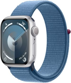 Apple Watch Series 9, 41 мм, корпус из алюминия серебристого цвета, нейлоновый ремешок цвета ледяной синий